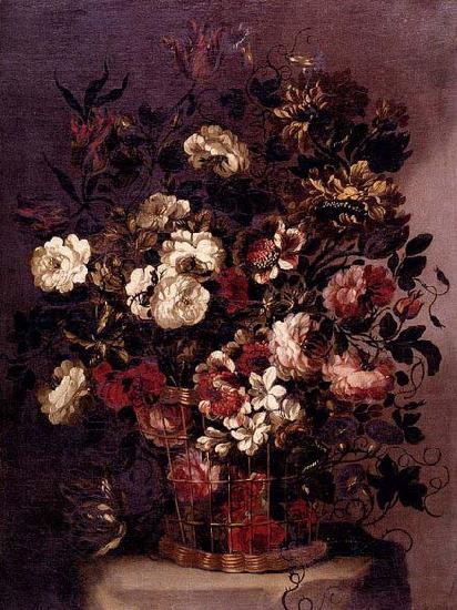 CORTE, Gabriel de la. Still-Life of Flowers in a Woven Basket China oil painting art